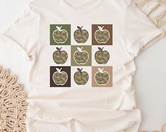 Shirt voor leraar camouflage appel, shirt terug naar school, shirt leraar eerste schooldag, retro shirt leraar, cadeau leraar, waardering leraar