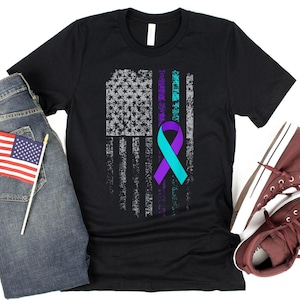 Suicide Prevention Awareness American Flag T-Shirt, Teal & Purple Ribbon Shirt, Suicide Awareness Support T-Shirt, Suicide Prevention Shirt