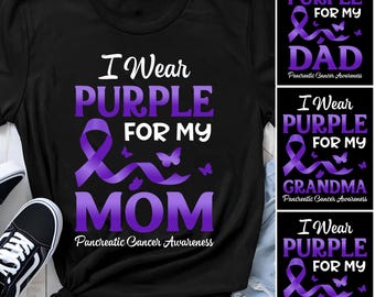 Camiseta "Eu visto roxo para minha mãe", camiseta de conscientização sobre câncer de pâncreas, camisetas combinando para a caminhada familiar contra o câncer, presente personalizado de apoio à equipe