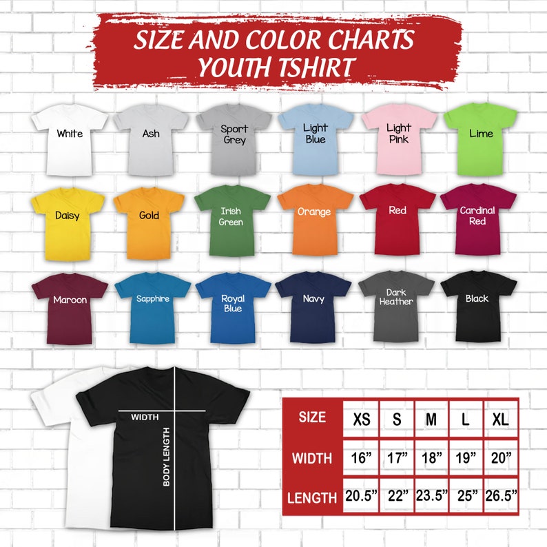 Op de afbeelding: Maat- en kleurenkaart voor jeugd t-shirts. De kaart toont 18 verschillende kleuropties voor de t-shirts. De kaart toont ook de maatmetingen voor de t-shirts in inches. De maten zijn XS, S, M, L en XL.