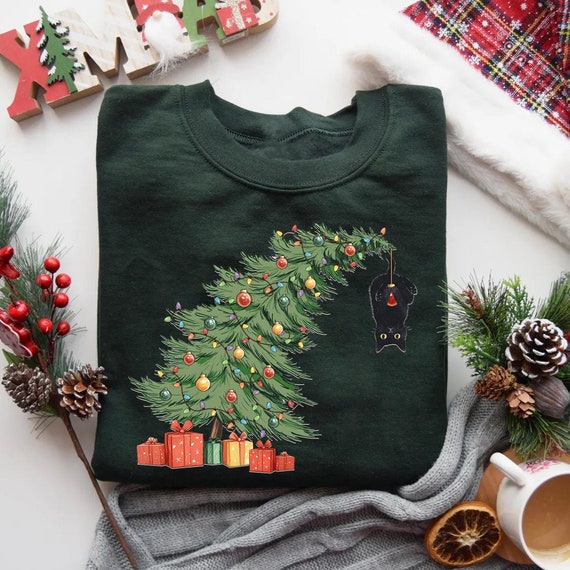 Camiseta navideña divertida con gato, camiseta navideña con