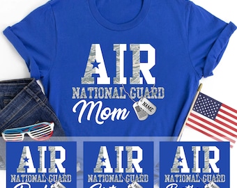May include: Three blue t-shirts with a white "AIR NATIONAL GUARD" design and a camouflage pattern. The shirts have the words "Mom", "Dad", "Sister", and "Brother" with a dog tag that says "NAME".