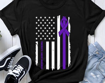 Camiseta da equipe de combate ao câncer de pâncreas, camiseta com faixa roxa e bandeira dos EUA, esquadrão de apoio, presente para sobreviventes, camisetas para a família, conscientização sobre o câncer de pâncreas