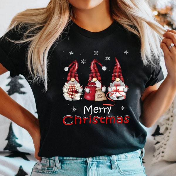 Merry Christmas Buffalo Plaid T-Shirt, Cute Holiday Shirt, Christmas Gnomes Shirt, Matching Family Shirts, Christmas Shirts for Women Men