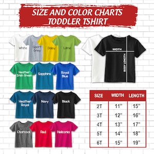 Op de afbeelding: Maattabel voor kleuter T-shirts met kleurstalen en maten in inches. De maten omvatten 2T, 3T, 4T, 5T en 6T. De kleuren omvatten wit, sport grijs, madeliefje, limoen, heide-Iers groen, saffier, koninklijk blauw, heide-koninklijk, marineblauw, zwart, houtskool, rood en heliconia.