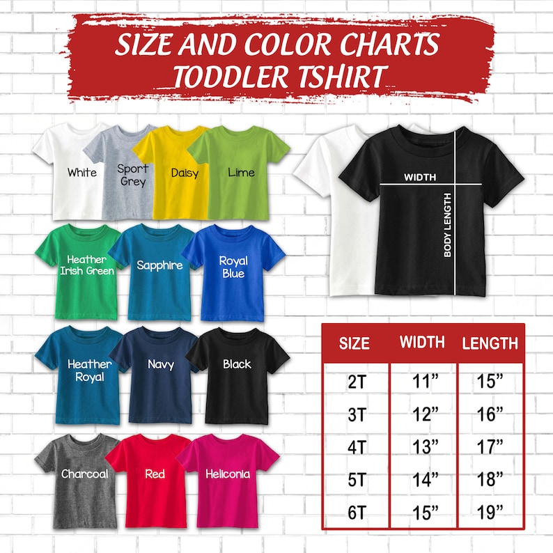 Op de afbeelding: Maattabel voor kleuter T-shirts met kleurstalen en maten in inches. De maten omvatten 2T, 3T, 4T, 5T en 6T. De kleuren omvatten wit, sport grijs, madeliefje, limoen, heide-Iers groen, saffier, koninklijk blauw, heide-koninklijk, marineblauw, zwart, houtskool, rood en heliconia.