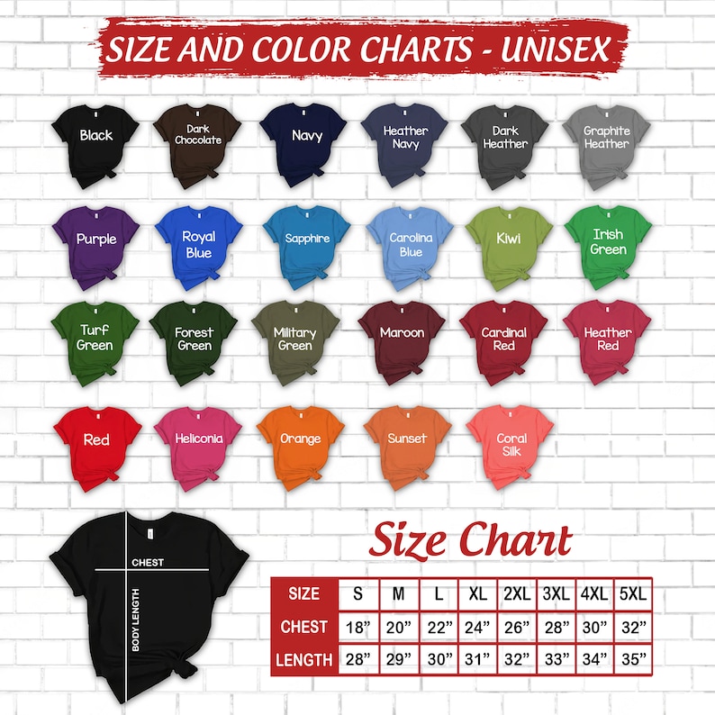 Op de afbeelding: Unisex T-shirt maat- en kleurenkaart met een verscheidenheid aan kleuren en maten. De kaart toont de borst- en lengtemaat in inches voor maten S tot en met 5XL.