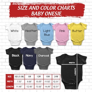Op de afbeelding: Maat- en kleurenkaart voor baby onesies. De kaart toont de verschillende beschikbare maten en kleuren, samen met de breedte- en lengtemaat in inches voor elke maat. De kleuren omvatten wit, heather, lichtblauw, roze, boter, zwart, marineblauw en antraciet.