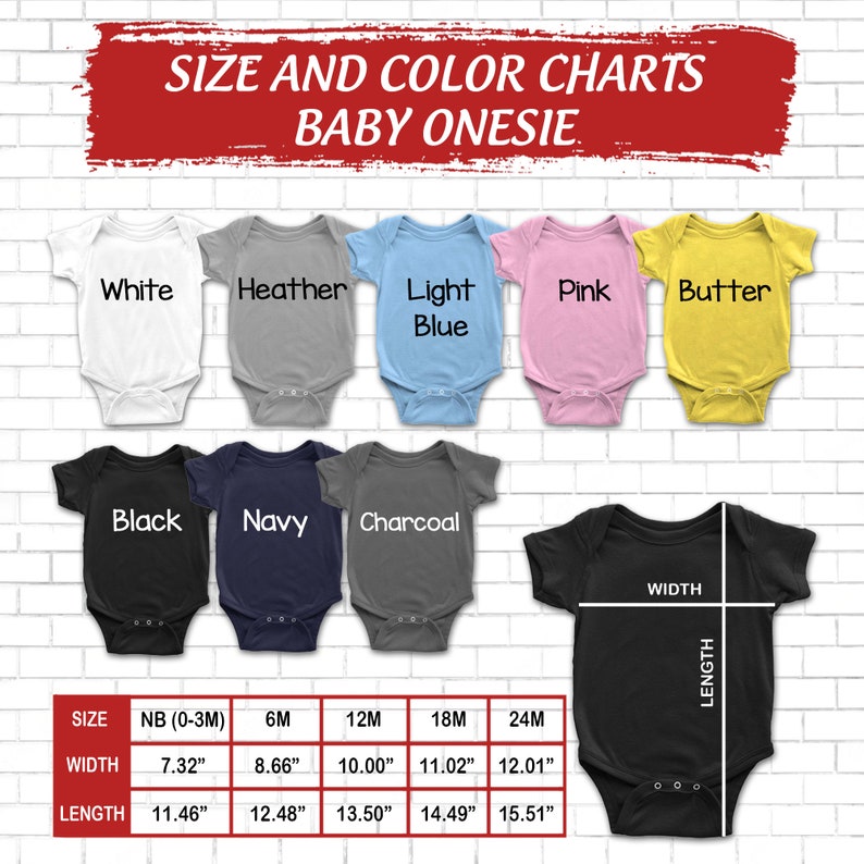 Op de afbeelding: Maat- en kleurenkaart voor baby onesies. De kaart toont de verschillende beschikbare maten en kleuren, samen met de breedte- en lengtemaat in inches voor elke maat. De kleuren omvatten wit, heather, lichtblauw, roze, boter, zwart, marineblauw en antraciet.