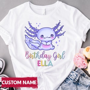 Camiseta de aniversário para meninas, camiseta de axolote, camiseta de amante de axolote, camiseta fofa de aniversário para meninas, camiseta fofa de axolote, presentes de axolote
