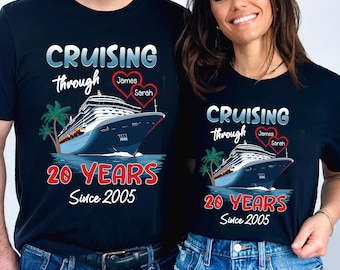 Kryssning genom 20 års t-shirt, personlig jubileumskryssning-t-shirt, matchande parkryssningskjorta, jubileumspresent, man och hustru-tröjor