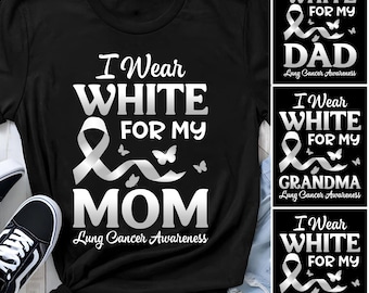 Camiseta "Visto de blanco por mi mamá", camiseta de concientización sobre el cáncer de pulmón, camiseta de apoyo con lazo blanco, camisetas a juego para la caminata familiar contra el cáncer, apoyo del equipo