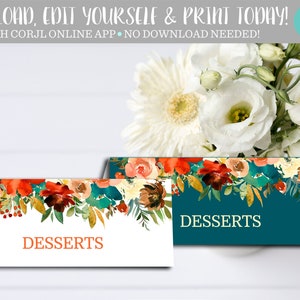 Teal Floral Place Card Template: Editable Party Decor (Digital Download)
