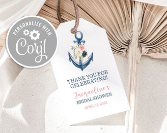 Nautical Bridal Shower Favor Tag: Floral Anchor, Editable (Digital Download)