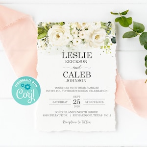 White Rose Wedding Invitation: Editable Floral Template (Digital Download)