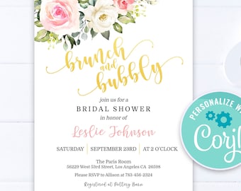 Brunch and Bubbly Bridal Shower Invitation: Pink & Gold (Editable Printable)