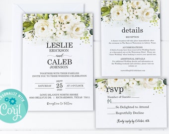 White Floral Wedding Invitation Suite: Gold Roses, Greenery (Digital Template, Editable in Corjl)