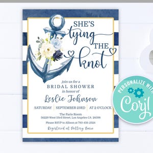 Nautical Bridal Shower Invitation: Navy Anchor, Stripes (Editable Download)