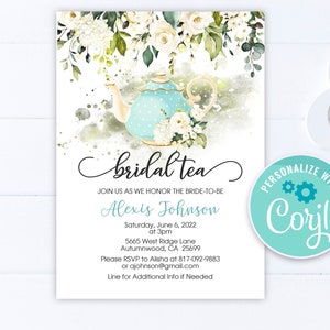 Bridal Tea Party Invitation: Floral Teapot Design (Editable Template)