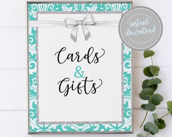 May include: A framed sign with the words "Cards & Gifts" in elegant script. The sign has a white background with a teal and silver damask border and a silver ribbon and bow. A gray circle with the words "instant download" is in the upper right corner.