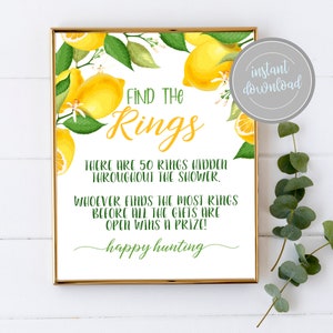Find the Rings Sign, Shower Game, She Found Her Main Squeeze, Lemon Bridal Shower, Lemon Bridal Shower Games, Lemon Bridal, Bridal Shower