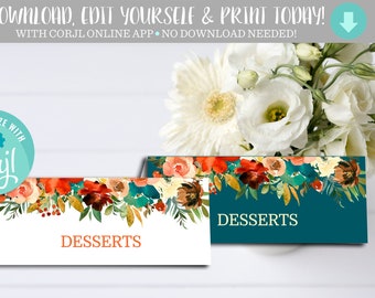 Teal Floral Place Card Template: Editable Party Decor (Digital Download)