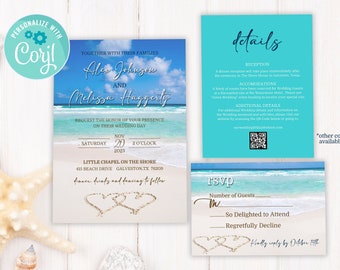 Beach Wedding Invitation: Romantic Sand Hearts, Tropical Destination (Printable)
