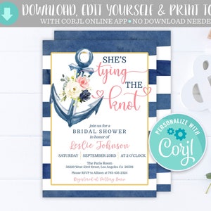 Nautical Bridal Shower Invitation: Floral Anchor, Editable Template (Digital Download)