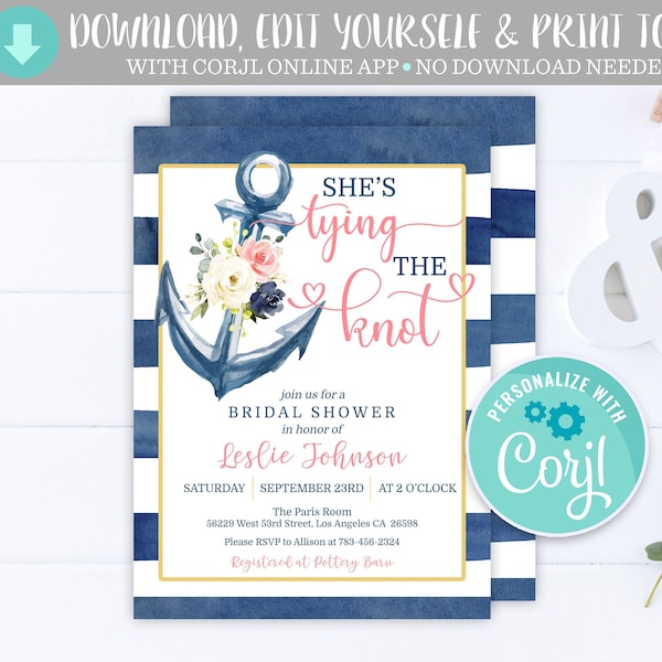 Nautical Bridal Shower Invitation, Nautical Bridal Shower Invites, Nautical Bachelorette, Anchor, Tying the Knot Bridal Shower, Nautical, PS