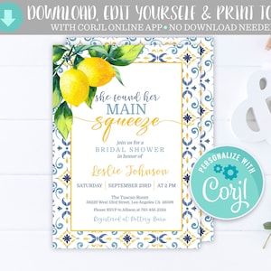 She Found Her Main Squeeze Invitation, Citrus Lemon Summer Bridal Brunch Shower Editable Printable Instant Download Digital Invite Template