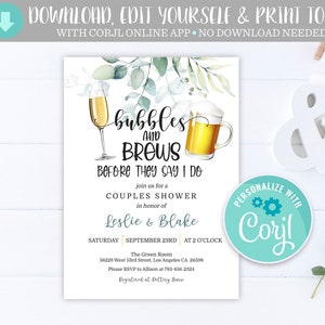 Blasen und Gebräu Paare Dusche Einladung Champagner und Bier Hochzeitsdusche Bearbeitbare druckbare Sofort-Download-Digitaleinladungsvorlage