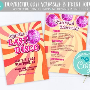 Last Disco Bachelorette Party Invitation, Editable Weekend Itinerary Retro Groovy 70s Theme Bridal Invite Bach Bash Download Template