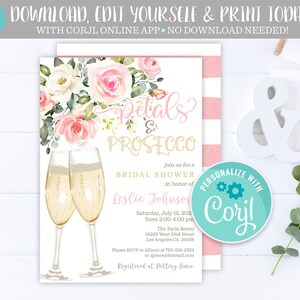 Petals and Prosecco Bridal Shower Invitation, Champagne Brunch Bridal Shower Invite, Editable Printable Bridal Shower Digital Template