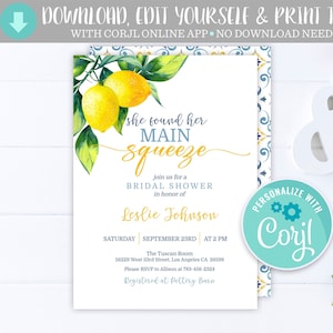 She Found Her Main Squeeze Invitation, Citrus Lemon Summer Bridal Brunch Shower Editable Printable Instant Download Digital Invite Template