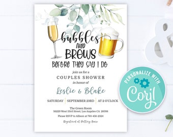 Bubbles and Brews Shower Invitation: Couples Wedding Shower, Editable Template (Digital)