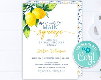 Main Squeeze Bridal Shower Invitation | Lemon Bridal Shower Invite | Citrus Bridal Shower Party | Lemon Theme Editable Template