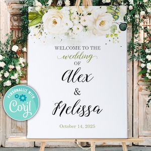 White Rose Wedding Welcome Sign, Editable Floral Wedding Welcome Sign Printable Instant Download Template WR