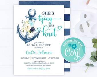 Nautical Bridal Shower Invitation | She’s Tying the Knot Party Invite | Anchor Theme Wedding Shower Editable Template | Ocean Wedding Party