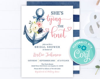 Nautical Bridal Shower Invitation: Floral Anchor, Editable Template (Digital Download)