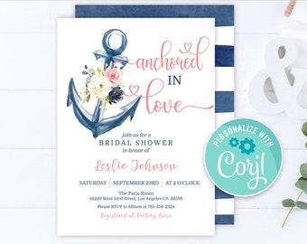 Nautical Bridal Shower Invitation: Floral Anchor, Editable Template (Digital)