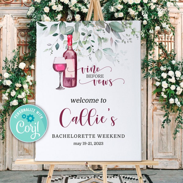 Vino Before Vows Welcome Sign, Vino Before Vows Wine Napa Bridal Shower Bachelorette Weekend Greenery Welcome Sign Template Instant Download
