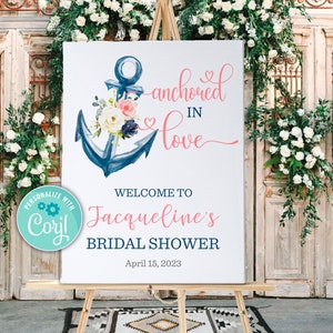 Nautical Anchored in Love Welcome Sign, Editable Anchor Nautical Bridal Shower Bachelorette Party Welcome Sign Instant Download