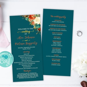 Hochzeitsprogramm Vorlage, Florale Hochzeit Programmvorlage, Hochzeitsprogramm Vorlage Download, Hochzeitsprogramm Download, Teal, Orange, TGO01