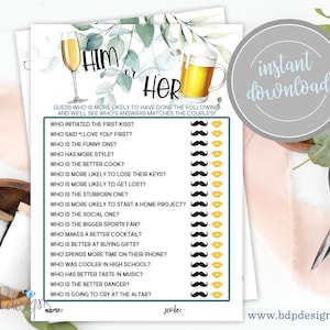 Him or Her Bride or Groom Shower Game Bubbles and Brews Champagne Beer Couples Engagement Printable Bridal Shower Games Instant Download