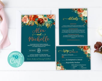 Teal and Orange Floral Wedding Invitation Set: Autumn Printable (Editable Instant Download TGO01)