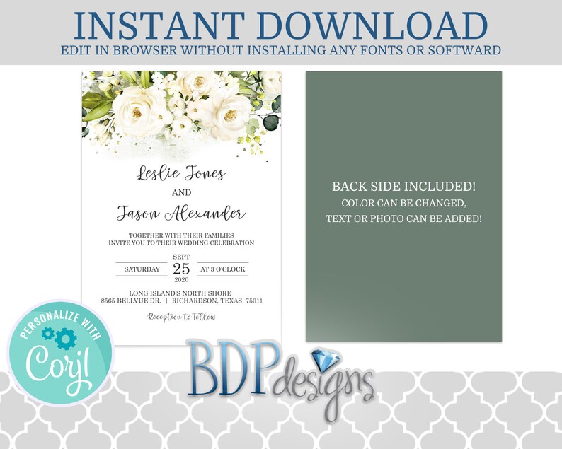 White Rose Wedding Invitation White Rose Wedding Invitation Template White Floral Wedding Invitation Set WR Wedding Invitation Set Rose