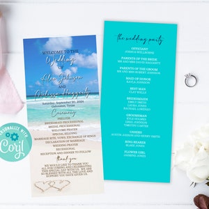 May include: A wedding program with a beach theme. The front features a photo of a beach with the text "Welcome to the Wedding of Alex Johnson and Melissa Huggett". The back features a list of the wedding party members and their roles.
