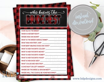May include: A printable "Who Knows the Bride Best?" game with a red and black buffalo check background. The game features questions about the bride's personal life, such as her birthday, favourite colour, and favourite food.