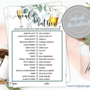 Would He Rather This or That Shower Game Bubbles and Brews Champagne Beer Couples Engagement Printable Bridal Shower Games Instant Download