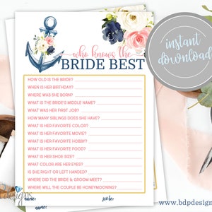 Who Knows the Bride Best, Nautical Bridal Shower Tying the Knot Anchored in Love Anchor Last Sail Bachelorette Party Game Cards Printable